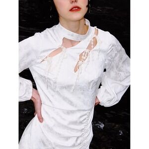 Morn Isle White Jacquard Ruched‎ Cutout Mock Neck Long Sleeve Mini Dress L